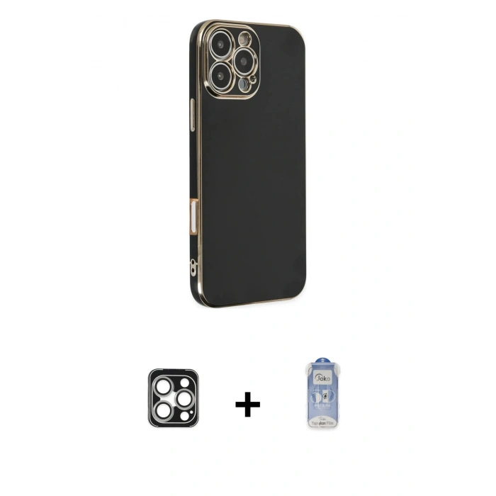 MARSİLYAN™- iPhone 16 Pro Max Kılıf Yankı Serisi - Siyah Joko Magic 5D Cam + Gümüş PVD Metal Kamera Lens