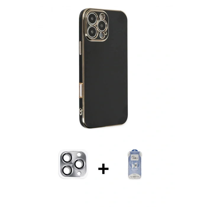 MARSİLYAN™- iPhone 16 Pro Max Kılıf Yankı Serisi - Siyah Joko Magic 5D Cam + Pers Alüminyum Kamera Lens - GI