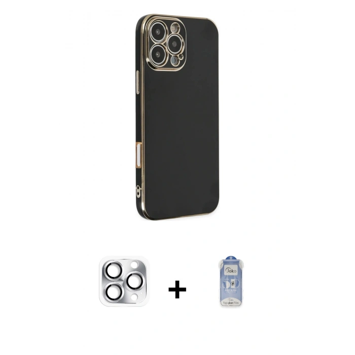 MARSİLYAN™- iPhone 16 Pro Max Kılıf Yankı Serisi - Siyah Joko Magic 5D Cam + Pers Alüminyum Kamera Lens - GS