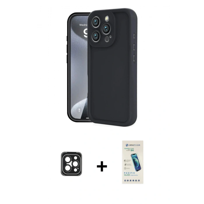 MARSİLYAN™- iPhone 16 Pro Max Kılıf Yankı Yansıma Özel Seri - Şeffaf Pasifik Cam Ekran Koruyucu + PVD Metal Kamera Lens - SH