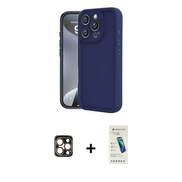 MARSİLYAN™- iPhone 16 Pro Max Kılıf Yankı Yansıma Özel Seri - Şeffaf Pasifik Cam Ekran Koruyucu + PVD Metal Kamera Lens - GD