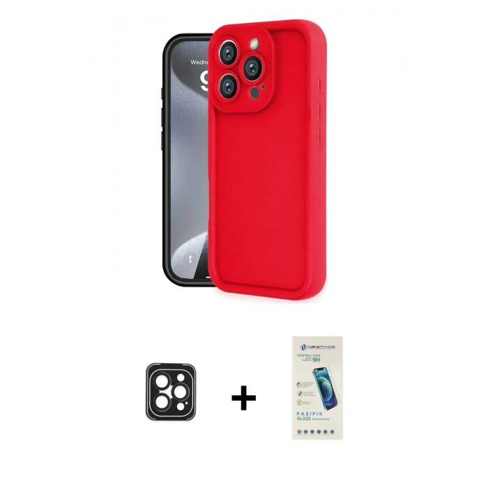 MARSİLYAN™- iPhone 16 Pro Max Kılıf Yankı Yansıma Özel Seri - Şeffaf Pasifik Cam Ekran Koruyucu + PVD Metal Kamera Lens - SH