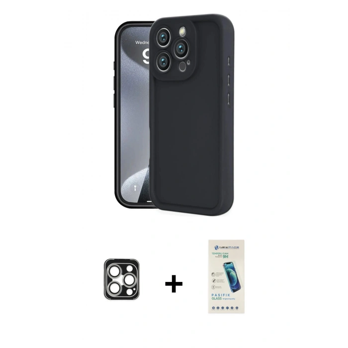 MARSİLYAN™- iPhone 16 Pro Max Kılıf Yankı Yansıma Özel Seri - Şeffaf Pasifik Cam Ekran Koruyucu + PVD Metal Kamera Lens - GS