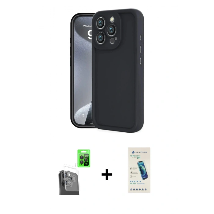 MARSİLYAN™- iPhone 16 Pro Max Kılıf Yankı Yansıma Özel Seri - Şeffaf Pasifik Cam Ekran Koruyucu + Raze Metal Kamera Lens - SH