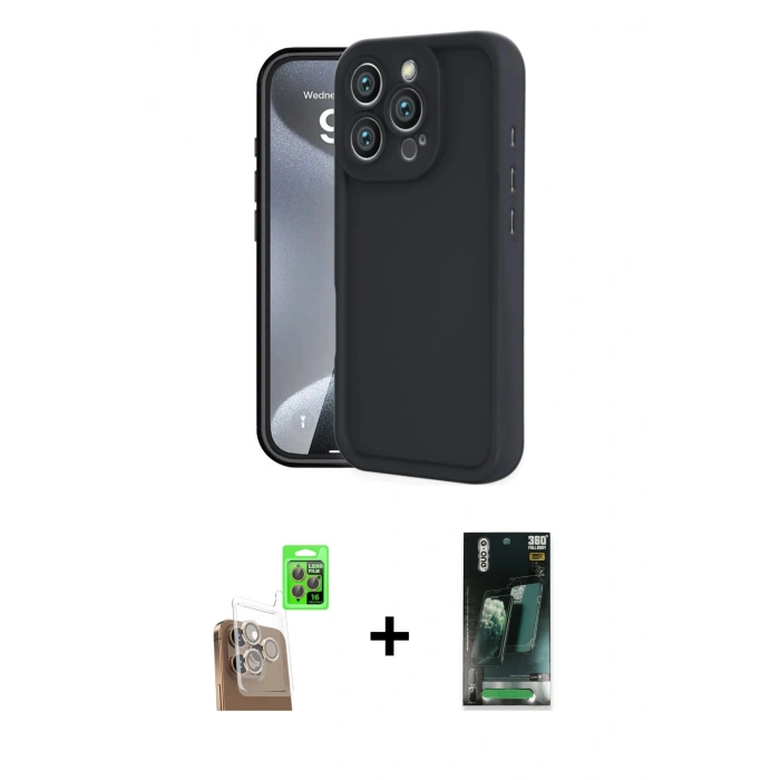 MARSİLYAN™- iPhone 16 Pro Max Kılıf Yankı Yansıma Özel Seri - Siyah 360 Mat Full Body Arka Koruyucu + Raze Metal Kamera Lens - CLTM