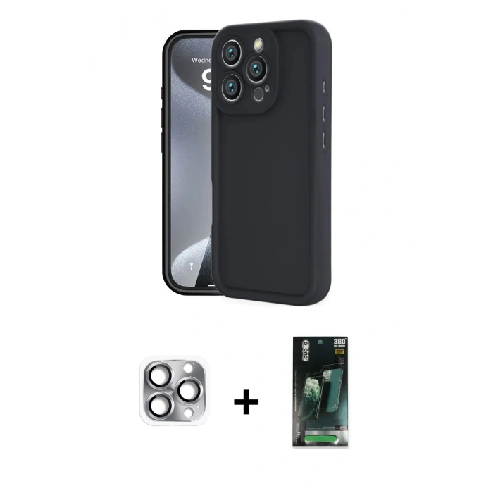 MARSİLYAN™- iPhone 16 Pro Max Kılıf Yankı Yansıma Özel Seri - Siyah 360 Mat Full Body Arka Koruyucu + Pers Alüminyum Kamera Lens - GI