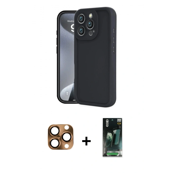MARSİLYAN™- iPhone 16 Pro Max Kılıf Yankı Yansıma Özel Seri - Siyah 360 Mat Full Body Arka Koruyucu + Pers Alüminyum Kamera Lens - CLTM