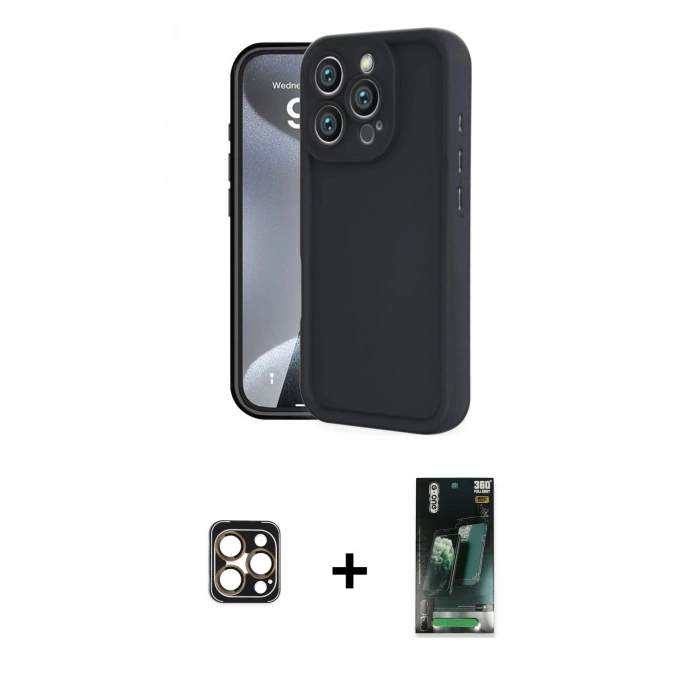 MARSİLYAN™- iPhone 16 Pro Max Kılıf Yankı Yansıma Özel Seri - Siyah 360 Mat Full Body Arka Koruyucu + PVD Metal Kamera Lens - GD