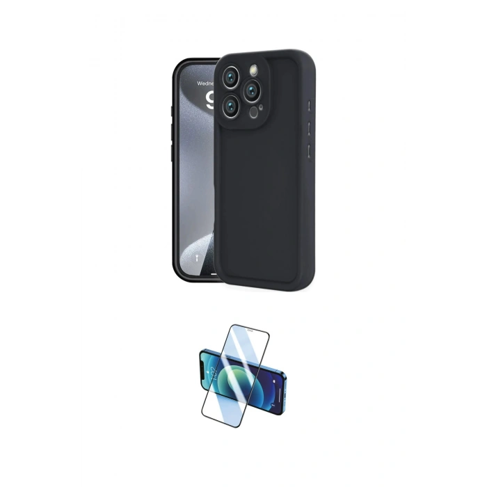 MARSİLYAN™- iPhone 16 Pro Max Kılıf Yankı Yansıma Özel Seri - Siyah 3D Antistatik Cam Ekran Koruyucu