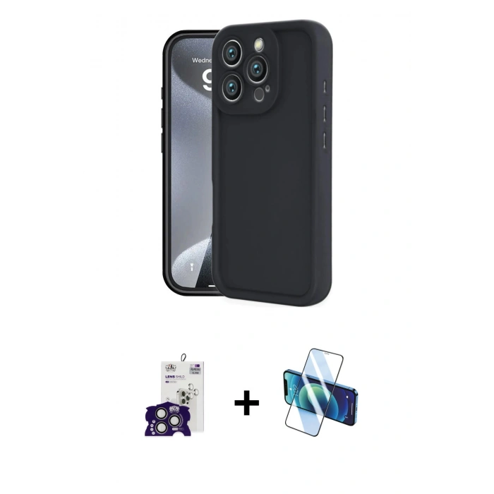 MARSİLYAN™- iPhone 16 Pro Max Kılıf Yankı Yansıma Özel Seri - Siyah 3D Antistatik Cam Ekran Koruyucu + Bilvis Titan Kamera Lens - TMGI