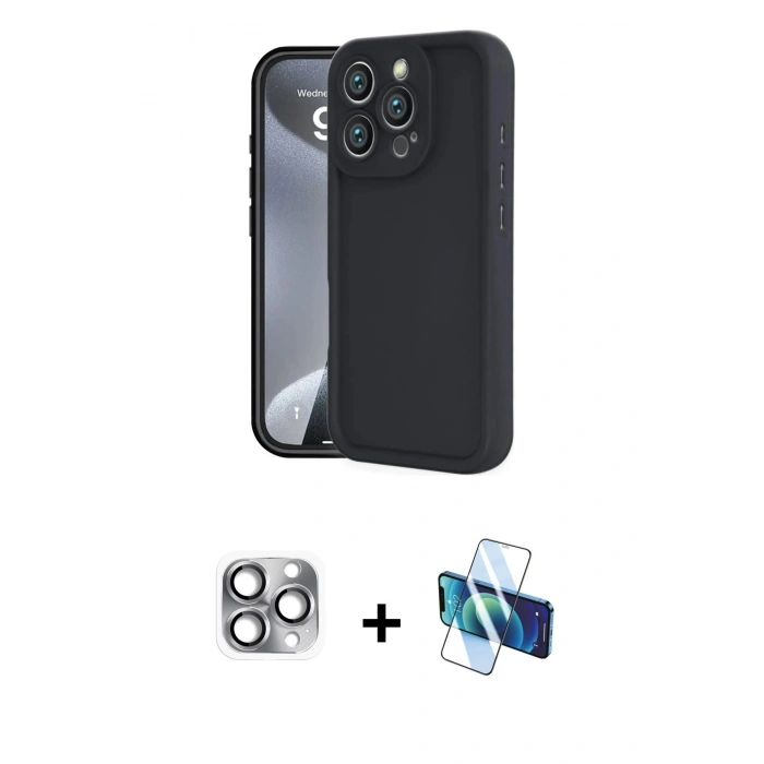 MARSİLYAN™- iPhone 16 Pro Max Kılıf Yankı Yansıma Özel Seri - Siyah 3D Antistatik Cam Ekran Koruyucu + Pers Alüminyum Kamera Lens - GI