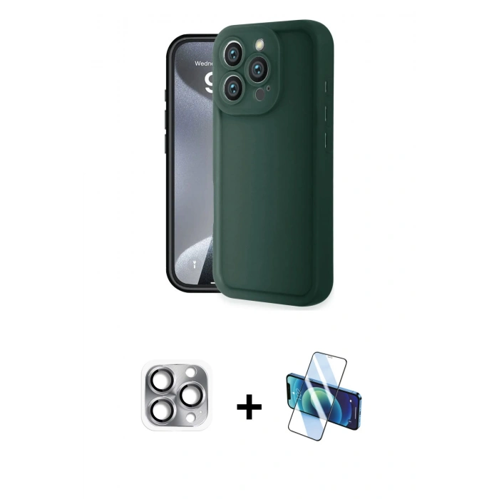 MARSİLYAN™- iPhone 16 Pro Max Kılıf Yankı Yansıma Özel Seri - Siyah 3D Antistatik Cam Ekran Koruyucu + Pers Alüminyum Kamera Lens - GI
