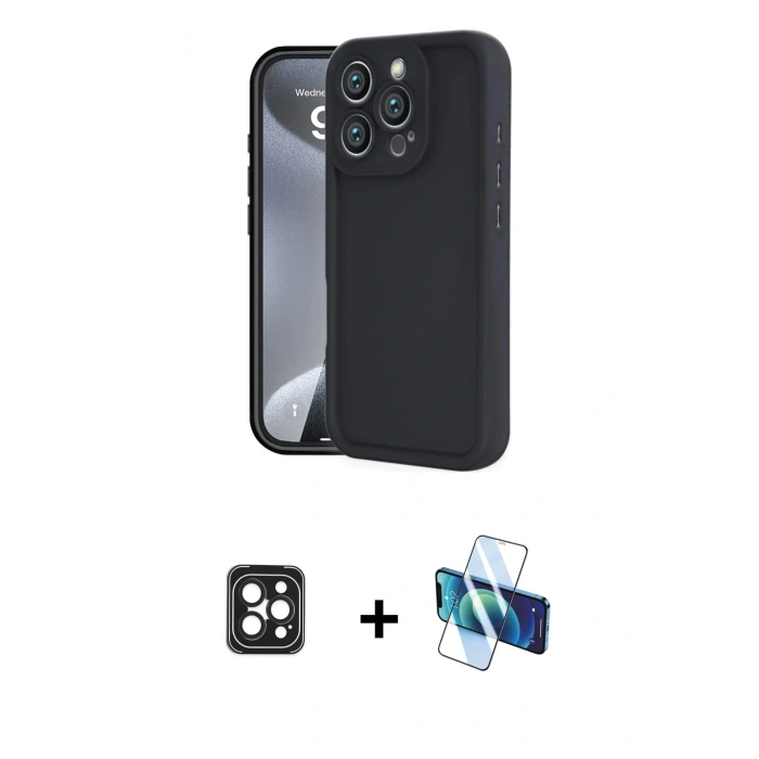 MARSİLYAN™- iPhone 16 Pro Max Kılıf Yankı Yansıma Özel Seri - Siyah 3D Antistatik Cam Ekran Koruyucu + PVD Metal Kamera Lens - SH