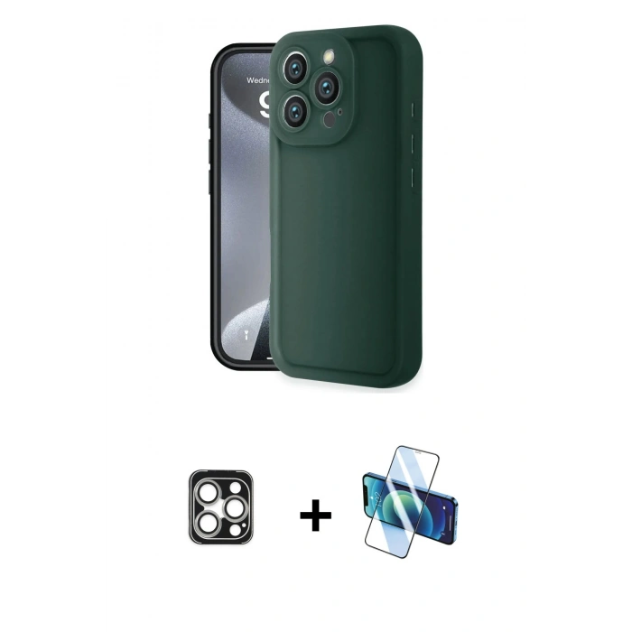 MARSİLYAN™- iPhone 16 Pro Max Kılıf Yankı Yansıma Özel Seri - Siyah 3D Antistatik Cam Ekran Koruyucu + PVD Metal Kamera Lens - GS