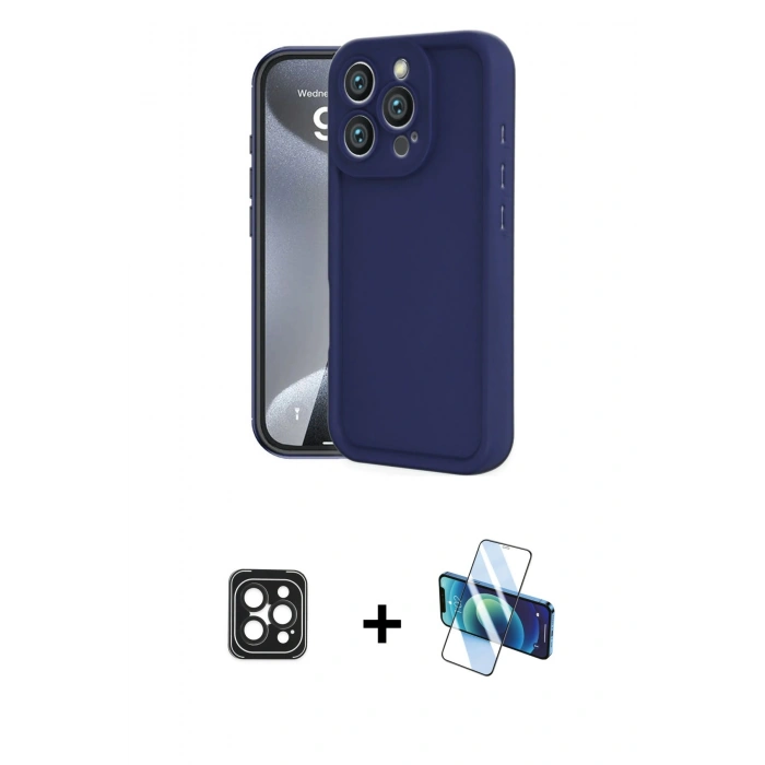 MARSİLYAN™- iPhone 16 Pro Max Kılıf Yankı Yansıma Özel Seri - Siyah 3D Antistatik Cam Ekran Koruyucu + PVD Metal Kamera Lens - SH