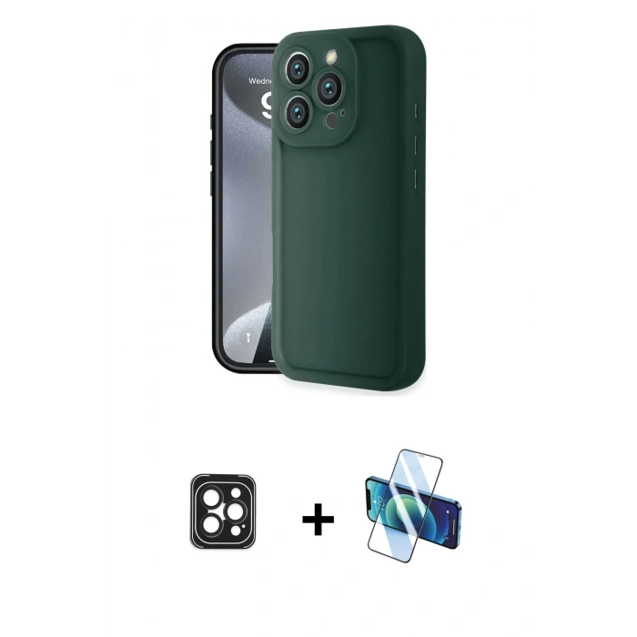MARSİLYAN™- iPhone 16 Pro Max Kılıf Yankı Yansıma Özel Seri - Siyah 3D Antistatik Cam Ekran Koruyucu + PVD Metal Kamera Lens - SH