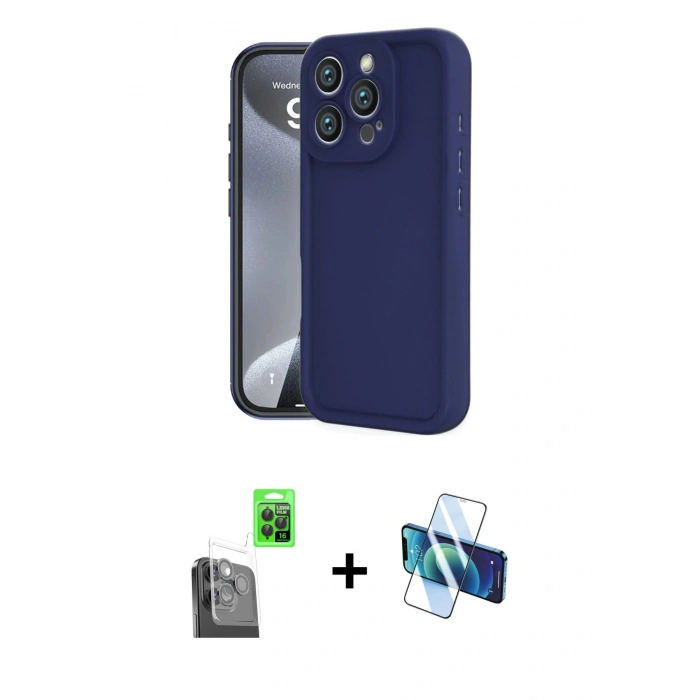 MARSİLYAN™- iPhone 16 Pro Max Kılıf Yankı Yansıma Özel Seri - Siyah 3D Antistatik Cam Ekran Koruyucu + Raze Metal Kamera Lens - SH