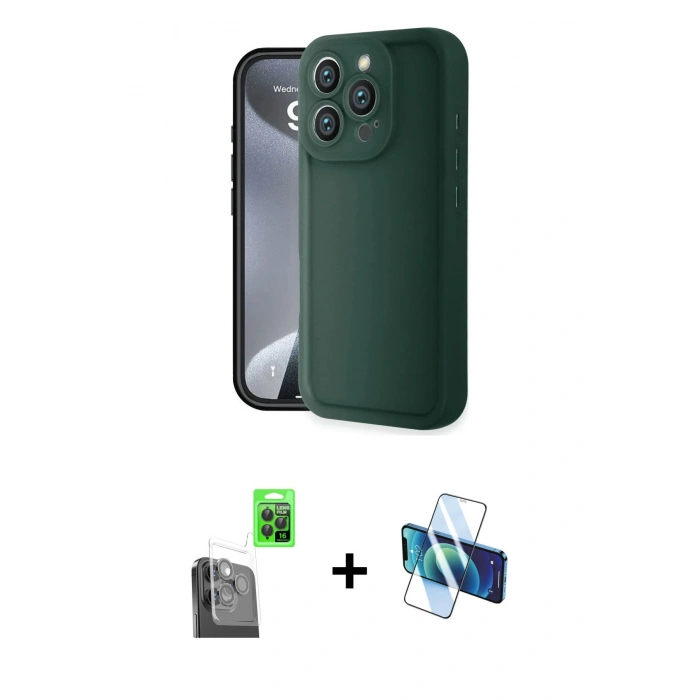 MARSİLYAN™- iPhone 16 Pro Max Kılıf Yankı Yansıma Özel Seri - Siyah 3D Antistatik Cam Ekran Koruyucu + Raze Metal Kamera Lens - SH