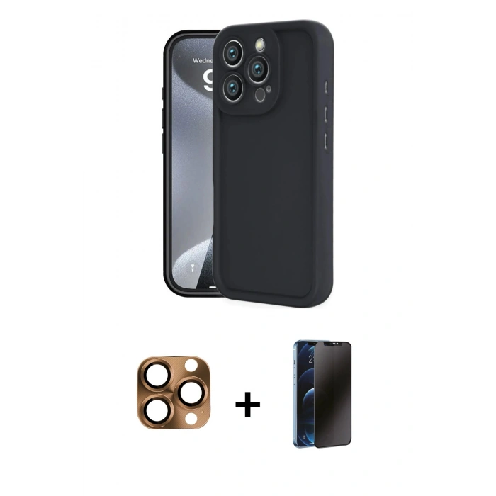MARSİLYAN™- iPhone 16 Pro Max Kılıf Yankı Yansıma Özel Seri - Siyah 3D Antistatik Hayalet Cam Ekran Koruyucu + Pers Alüminyum Kamera Lens - CLTM