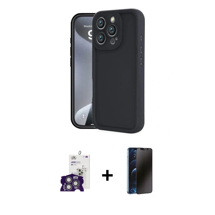 MARSİLYAN™- iPhone 16 Pro Max Kılıf Yankı Yansıma Özel Seri - Siyah 3D Antistatik Hayalet Cam Ekran Koruyucu + Bilvis Titan Kamera Lens - GS