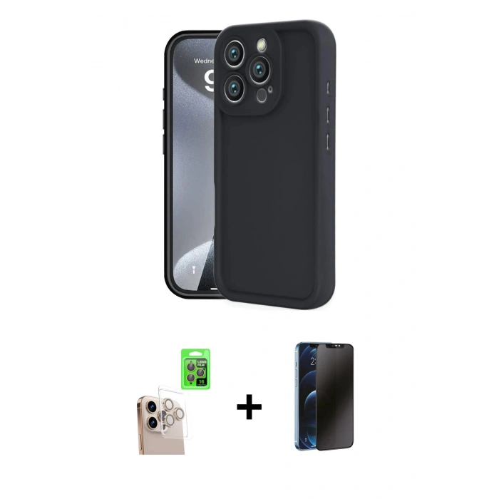 MARSİLYAN™- iPhone 16 Pro Max Kılıf Yankı Yansıma Özel Seri - Siyah 3D Antistatik Hayalet Cam Ekran Koruyucu + Raze Metal Kamera Lens - NLGY
