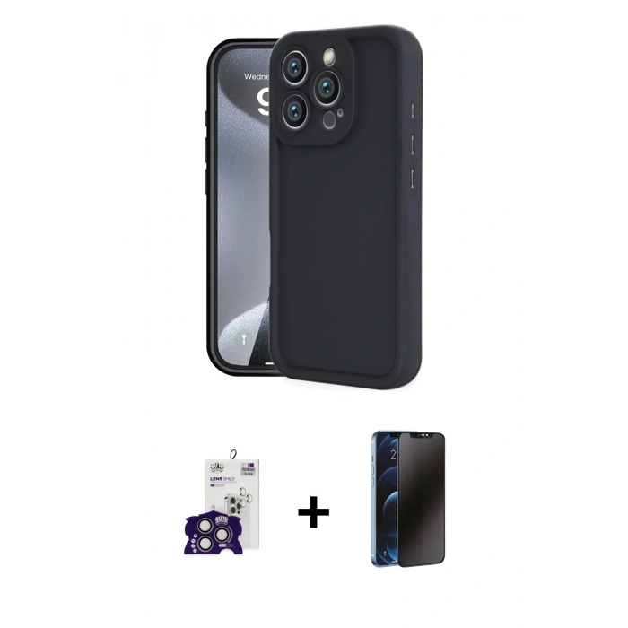 MARSİLYAN™- iPhone 16 Pro Max Kılıf Yankı Yansıma Özel Seri - Siyah 3D Antistatik Hayalet Cam Ekran Koruyucu + Bilvis Titan Kamera Lens - TMGI