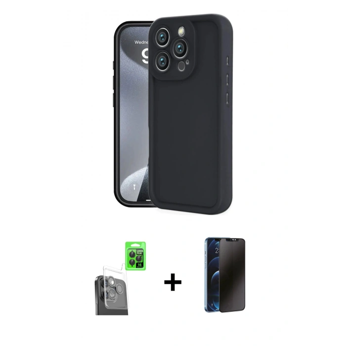 MARSİLYAN™- iPhone 16 Pro Max Kılıf Yankı Yansıma Özel Seri - Siyah 3D Antistatik Hayalet Cam Ekran Koruyucu + Raze Metal Kamera Lens - SH