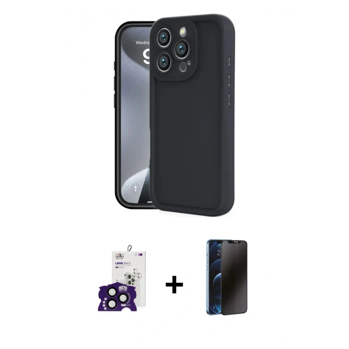 MARSİLYAN™- iPhone 16 Pro Max Kılıf Yankı Yansıma Özel Seri - Siyah 3D Antistatik Hayalet Cam Ekran Koruyucu + Bilvis Titan Kamera Lens - SH