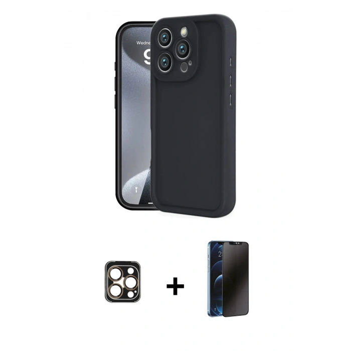 MARSİLYAN™- iPhone 16 Pro Max Kılıf Yankı Yansıma Özel Seri - Siyah 3D Antistatik Hayalet Cam Ekran Koruyucu + PVD Metal Kamera Lens - GD