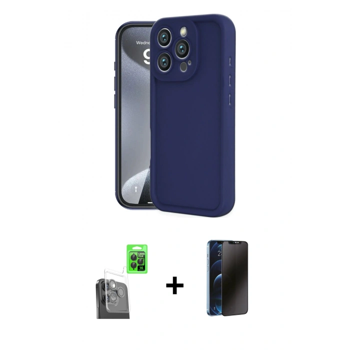 MARSİLYAN™- iPhone 16 Pro Max Kılıf Yankı Yansıma Özel Seri - Siyah 3D Antistatik Hayalet Cam Ekran Koruyucu + Raze Metal Kamera Lens - SH
