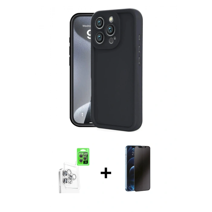 MARSİLYAN™- iPhone 16 Pro Max Kılıf Yankı Yansıma Özel Seri - Siyah 3D Antistatik Hayalet Cam Ekran Koruyucu + Raze Metal Kamera Lens - BZ