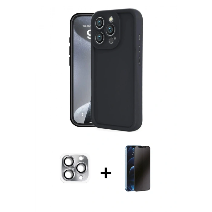 MARSİLYAN™- iPhone 16 Pro Max Kılıf Yankı Yansıma Özel Seri - Siyah 3D Antistatik Hayalet Cam Ekran Koruyucu + Pers Alüminyum Kamera Lens - GI