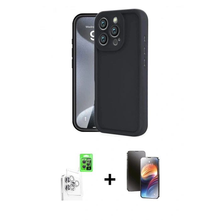 MARSİLYAN™- iPhone 16 Pro Max Kılıf Yankı Yansıma Özel Seri - Siyah 3D Antistatik Mat Seramik Nano Ekran Koruyucu + Beyaz Raze Metal Kamera Lens