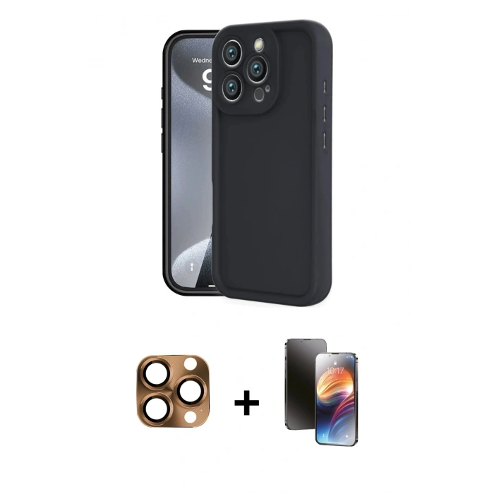 MARSİLYAN™- iPhone 16 Pro Max Kılıf Yankı Yansıma Özel Seri - Siyah 3D Antistatik Mat Seramik Nano Ekran Koruyucu + Pers Alüminyum Kamera Lens - CLTM