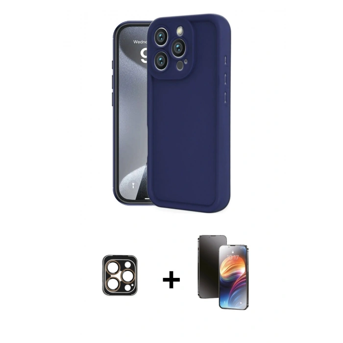 MARSİLYAN™- iPhone 16 Pro Max Kılıf Yankı Yansıma Özel Seri - Siyah 3D Antistatik Mat Seramik Nano Ekran Koruyucu + Gold PVD Metal Kamera Lens