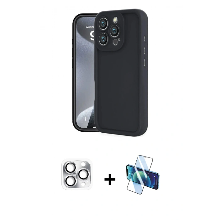 MARSİLYAN™- iPhone 16 Pro Max Kılıf Yankı Yansıma Özel Seri - Siyah 3D Antistatik Seramik Nano Ekran Koruyucu + Pers Alüminyum Kamera Lens - GS