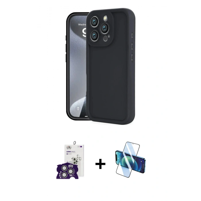 MARSİLYAN™- iPhone 16 Pro Max Kılıf Yankı Yansıma Özel Seri - Siyah 3D Antistatik Seramik Nano Ekran Koruyucu + Bilvis Titan Kamera Lens - GS