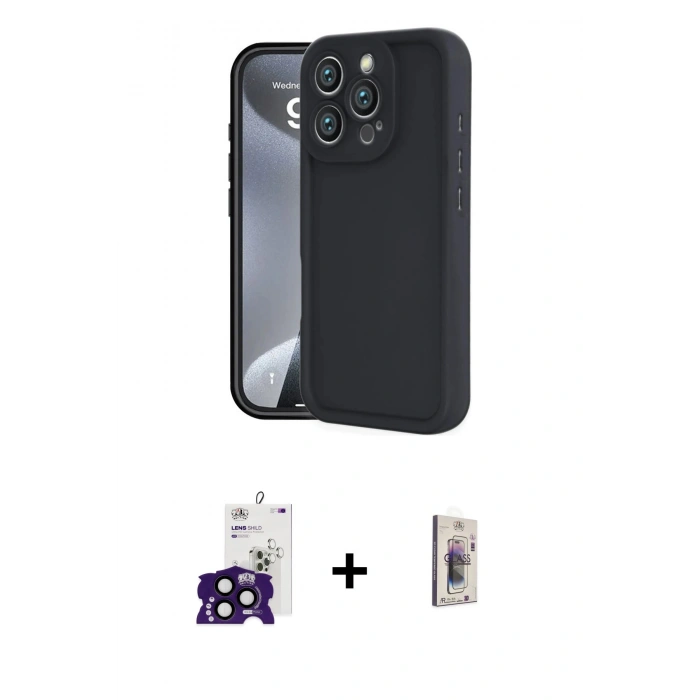 MARSİLYAN™- iPhone 16 Pro Max Kılıf Yankı Yansıma Özel Seri - Siyah Bilvis 3D Cam Ekran Koruyucu + Bilvis Titan Kamera Lens - SH