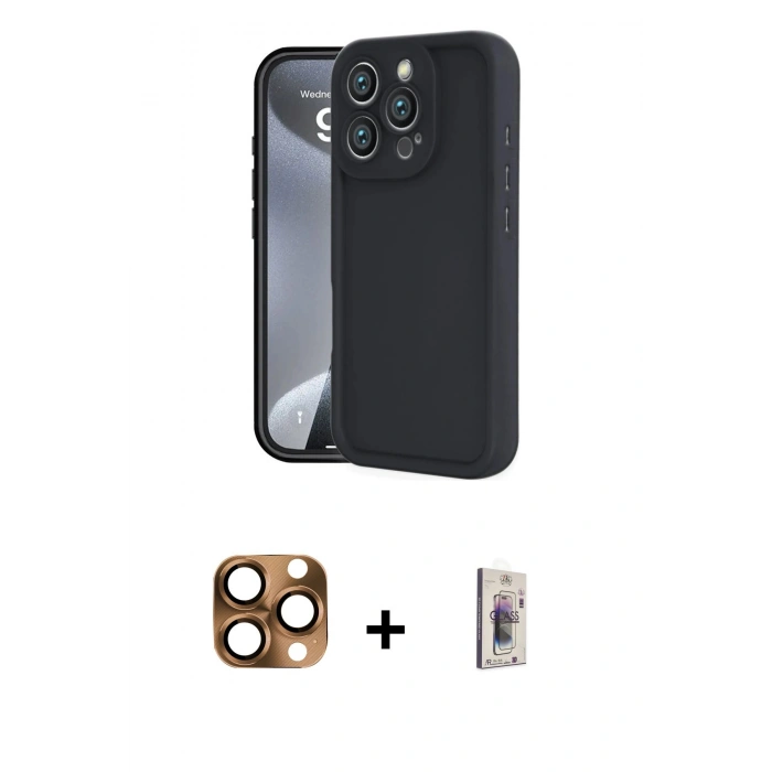 MARSİLYAN™- iPhone 16 Pro Max Kılıf Yankı Yansıma Özel Seri - Siyah Bilvis 3D Cam Ekran Koruyucu + Pers Alüminyum Kamera Lens - CLTM