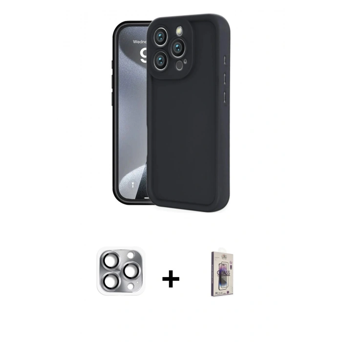 MARSİLYAN™- iPhone 16 Pro Max Kılıf Yankı Yansıma Özel Seri - Siyah Bilvis 3D Cam Ekran Koruyucu + Gri Pers Alüminyum Kamera Lens