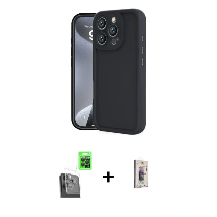 MARSİLYAN™- iPhone 16 Pro Max Kılıf Yankı Yansıma Özel Seri - Siyah Bilvis 3D Cam Ekran Koruyucu + Siyah Raze Metal Kamera Lens