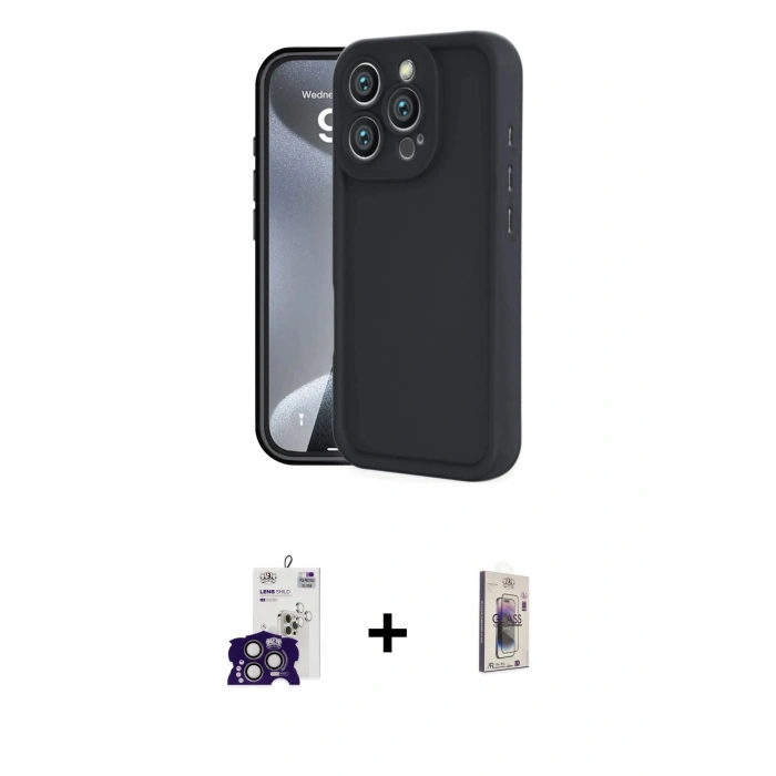 MARSİLYAN™- iPhone 16 Pro Max Kılıf Yankı Yansıma Özel Seri - Siyah Bilvis 3D Cam Ekran Koruyucu + Bilvis Titan Kamera Lens - TMGI