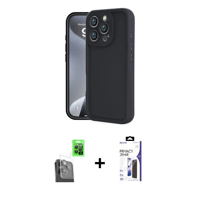 MARSİLYAN™- iPhone 16 Pro Max Kılıf Yankı Yansıma Özel Seri - Siyah Bilvis 3X AR Hayalet Cam Ekran Koruyucu + Raze Metal Kamera Lens - SH