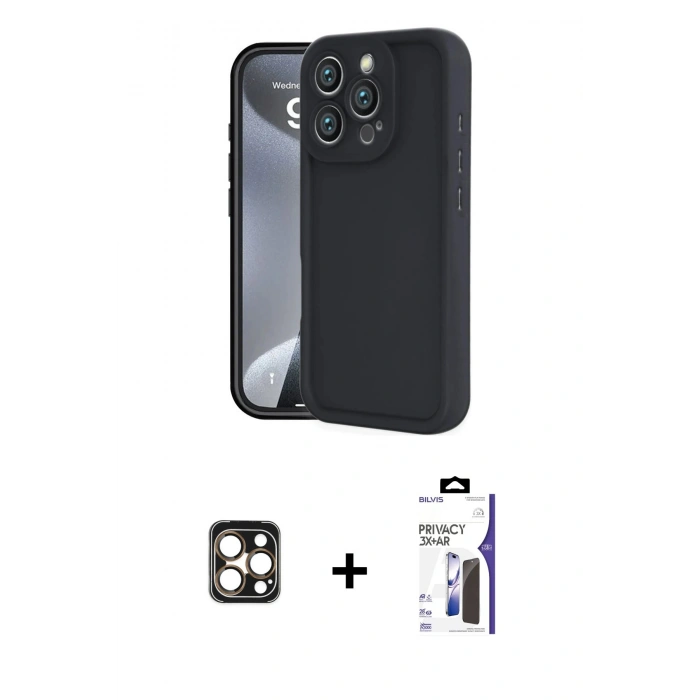 MARSİLYAN™- iPhone 16 Pro Max Kılıf Yankı Yansıma Özel Seri - Siyah Bilvis 3X AR Hayalet Cam Ekran Koruyucu + PVD Metal Kamera Lens - GD