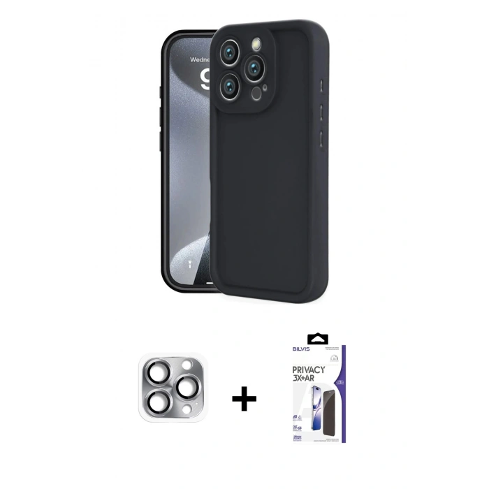 MARSİLYAN™- iPhone 16 Pro Max Kılıf Yankı Yansıma Özel Seri - Siyah Bilvis 3X AR Hayalet Cam Ekran Koruyucu + Pers Alüminyum Kamera Lens - GI