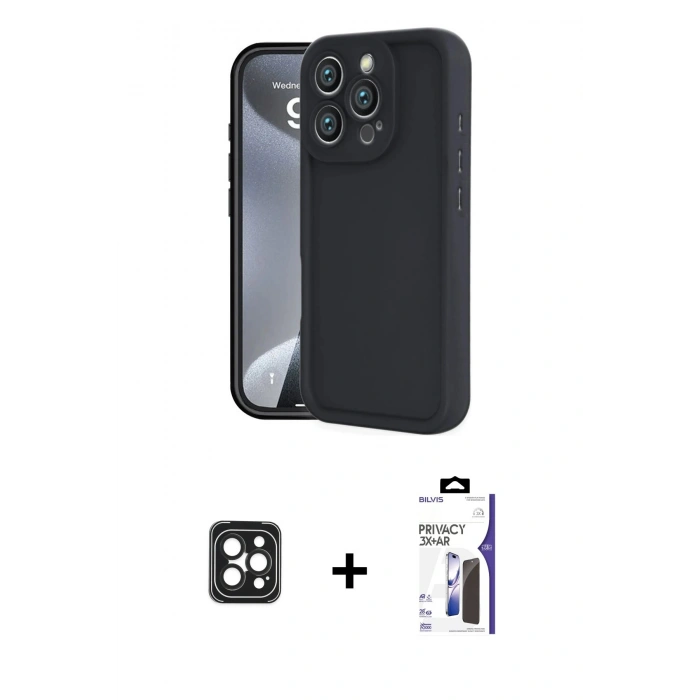 MARSİLYAN™- iPhone 16 Pro Max Kılıf Yankı Yansıma Özel Seri - Siyah Bilvis 3X AR Hayalet Cam Ekran Koruyucu + PVD Metal Kamera Lens - SH