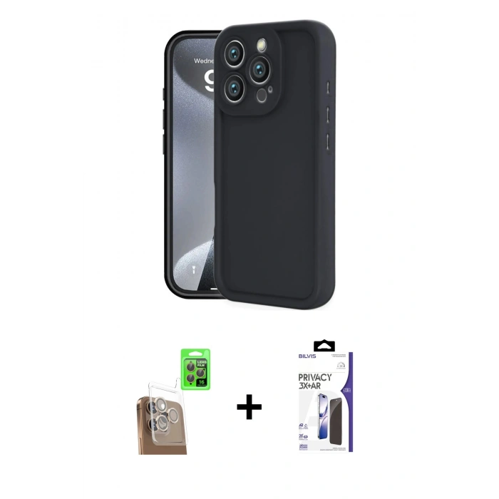 MARSİLYAN™- iPhone 16 Pro Max Kılıf Yankı Yansıma Özel Seri - Siyah Bilvis 3X AR Hayalet Cam Ekran Koruyucu + Raze Metal Kamera Lens - CLTM