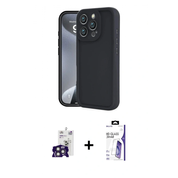 MARSİLYAN™- iPhone 16 Pro Max Kılıf Yankı Yansıma Özel Seri - Siyah Bilvis 3X AR HD Cam Ekran Koruyucu + Bilvis Titan Kamera Lens - TMGI