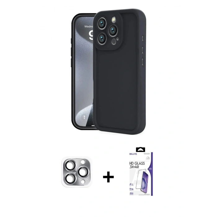 MARSİLYAN™- iPhone 16 Pro Max Kılıf Yankı Yansıma Özel Seri - Siyah Bilvis 3X AR HD Cam Ekran Koruyucu + Pers Alüminyum Kamera Lens - GI