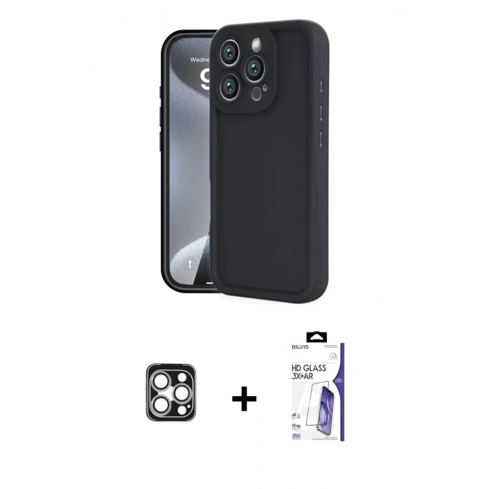 MARSİLYAN™- iPhone 16 Pro Max Kılıf Yankı Yansıma Özel Seri - Siyah Bilvis 3X AR HD Cam Ekran Koruyucu + PVD Metal Kamera Lens - GS